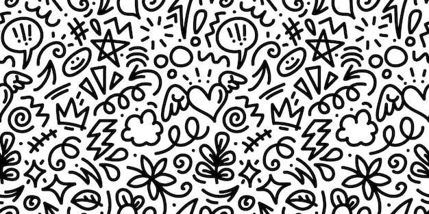 seamless pattern hand drawn set elements abstract arrows ribbons hearts stars crowns and other elements in hand drawn style for concept design scribble illustration vector illustration