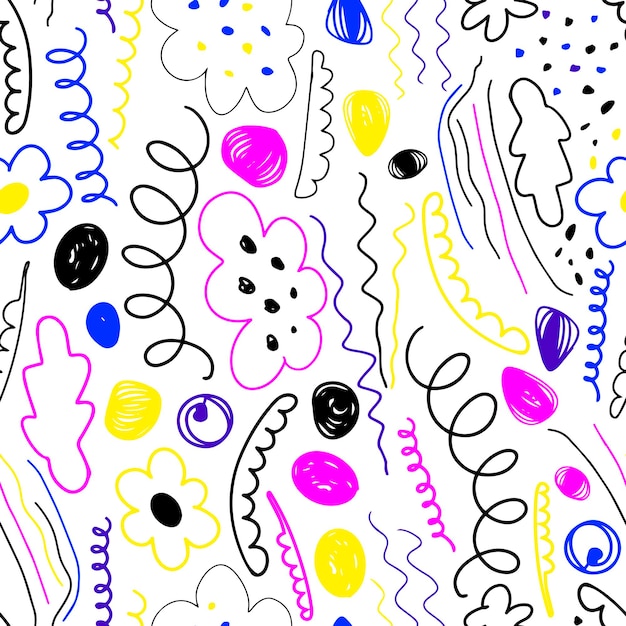 seamless pattern of abstract vector colors of waves squiggles and seeds drawn in doodle style