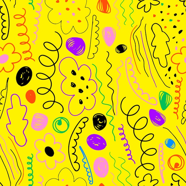 Seamless pattern of abstract vector colors of waves squiggles and seeds drawn in doodle style