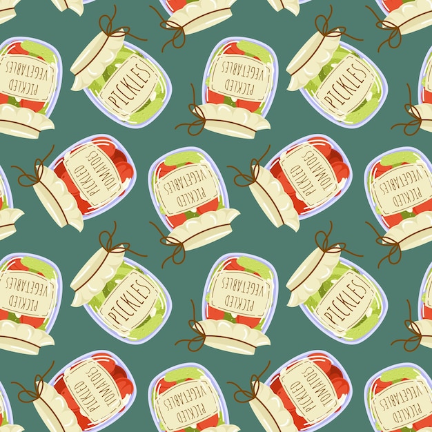 seamless pattern of marinated vegetable in glass jars with label in cartoon style perfect for