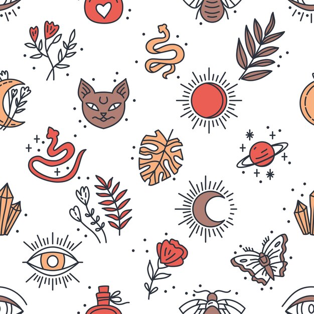 seamless pattern of mystical and astrology objects in boho style