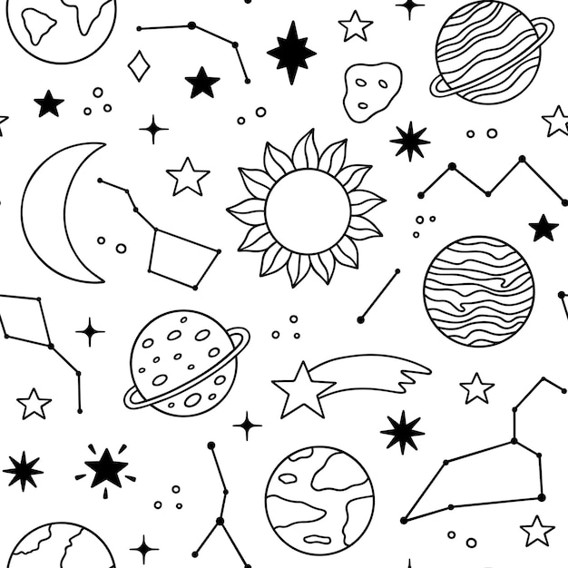 seamless pattern of space doodle planets stars constellations moon in sketch style solar system
