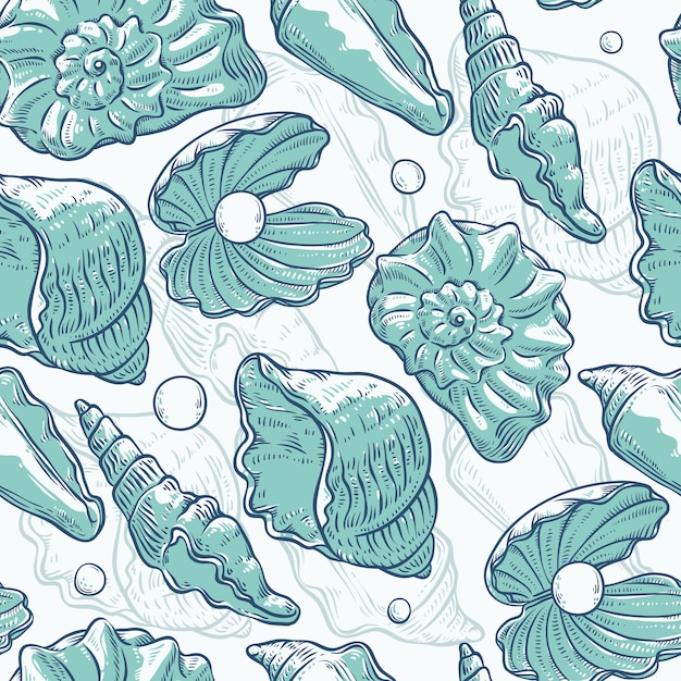 seamless pattern sea shells and pearls different shapes. clamshells monochrome turquoise outline sketch illustration  on marine theme.