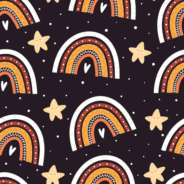 seamless pattern with cartoon rainbows, stars