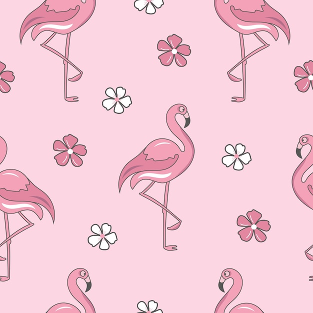 seamless pattern with flamingo and flowers on pink background vector illustration