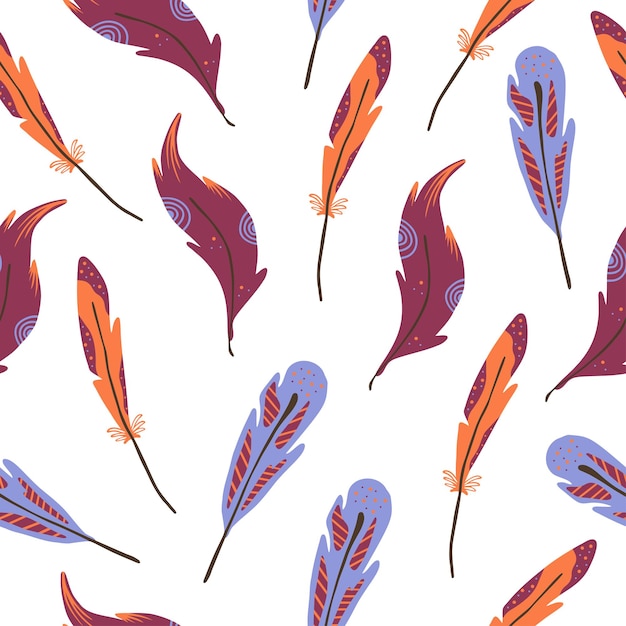Seamless pattern with hand drawn colorful bird feathers in a white background