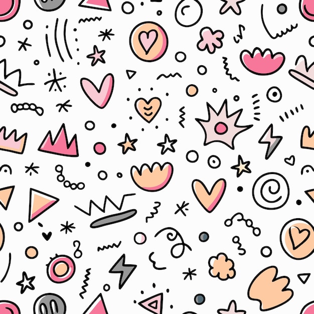 Seamless pattern with hand drawn colorful doodle elements on white background