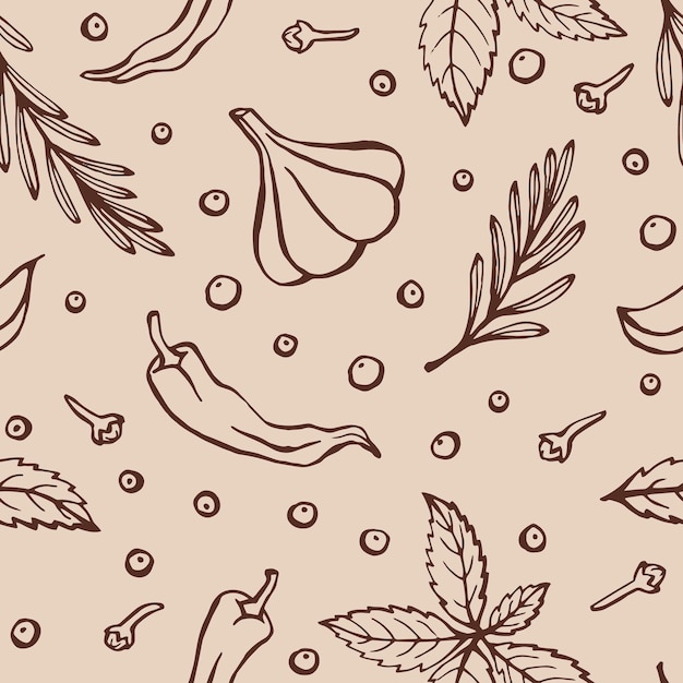 seamless pattern with herbs and spices hand drawn vector illustration in sketch style