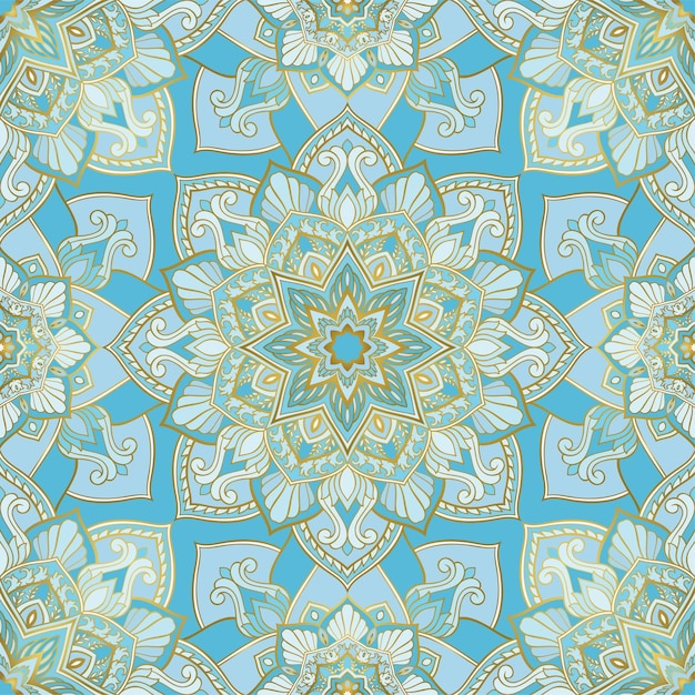 Seamless pattern with mandalas Vector light blue background with a golden contour