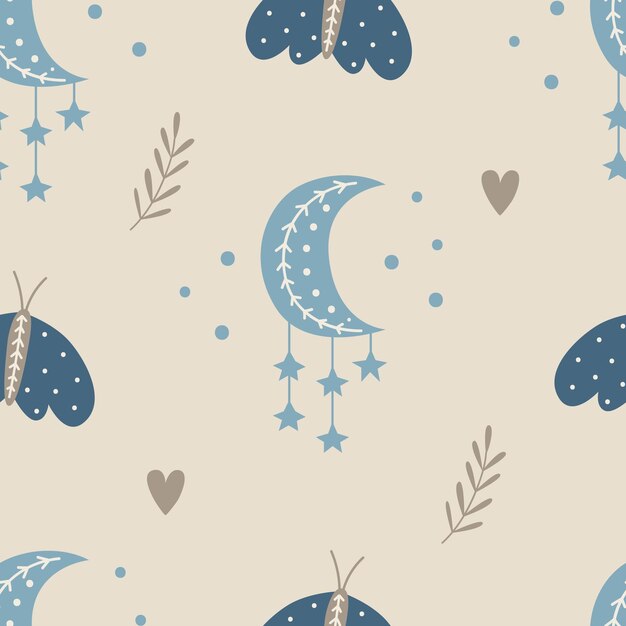 seamless pattern with moth and moon in boho style. vector illustration
