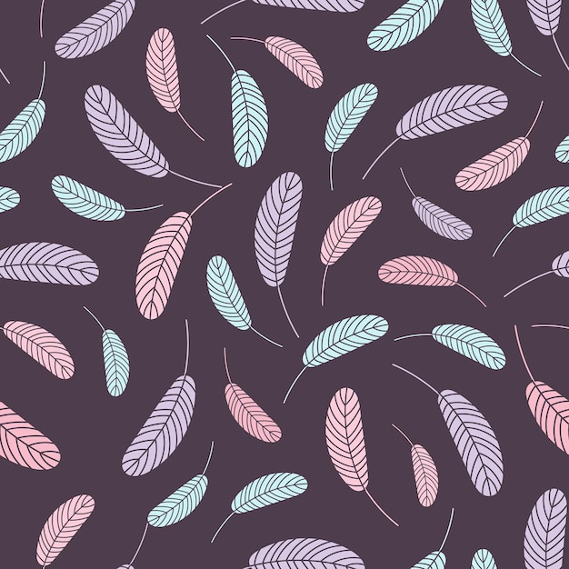Seamless pattern with multicolored feathers on a dark purple background

