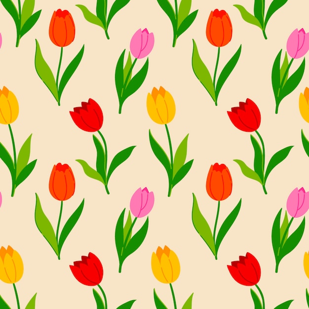 Seamless pattern with multicolored tulip flowers