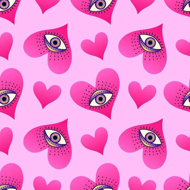 Seamless pattern with mystical pink hearts with mystical eyes