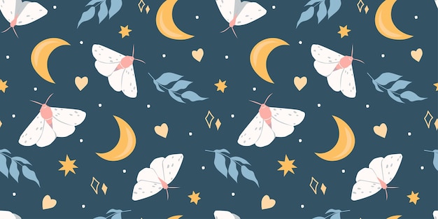 seamless pattern with night sky with moon and stars and butterflies abstract mystical print vector
