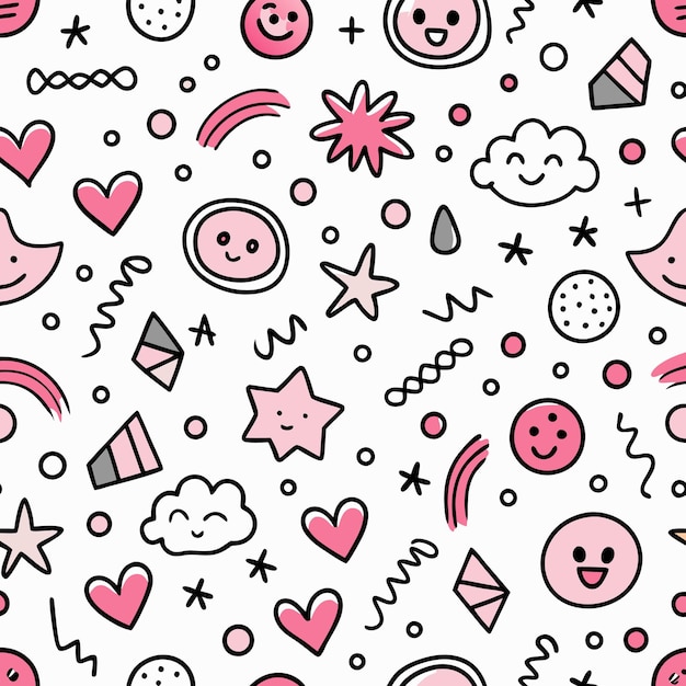Seamless pattern with pink and white cartoon hearts stars and clouds