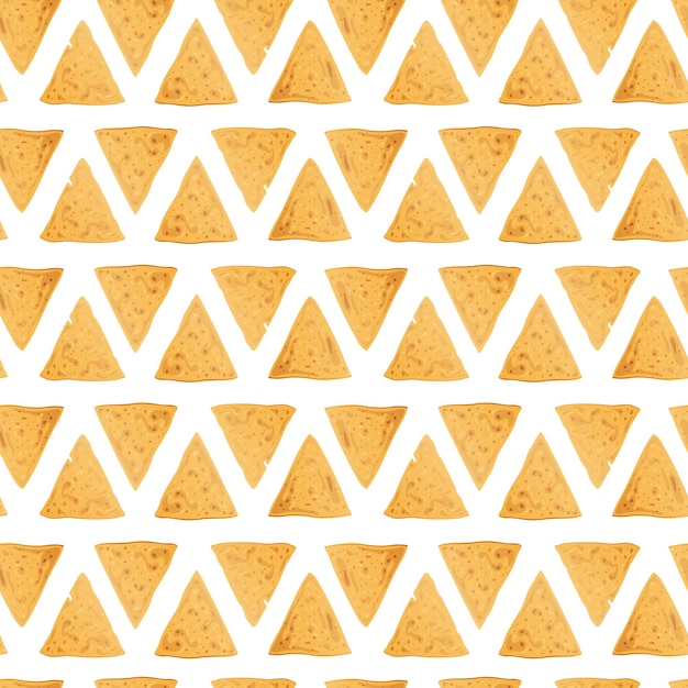 Seamless pattern with triangular corn chips on a white background. Traditional Mexican food. Crispy