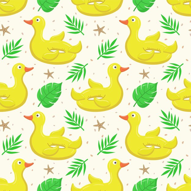 Seamless pattern with yellow duck and palm leaves A float for the pool Inflatable yellow ducks
