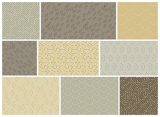 Seamless patterns with twisted lines, vector linear tiling backgrounds set, stripy weaving, optical maze, twisted stripes.