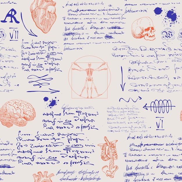 seamless textural background in the style of notes from the diary of a scientist anatomist