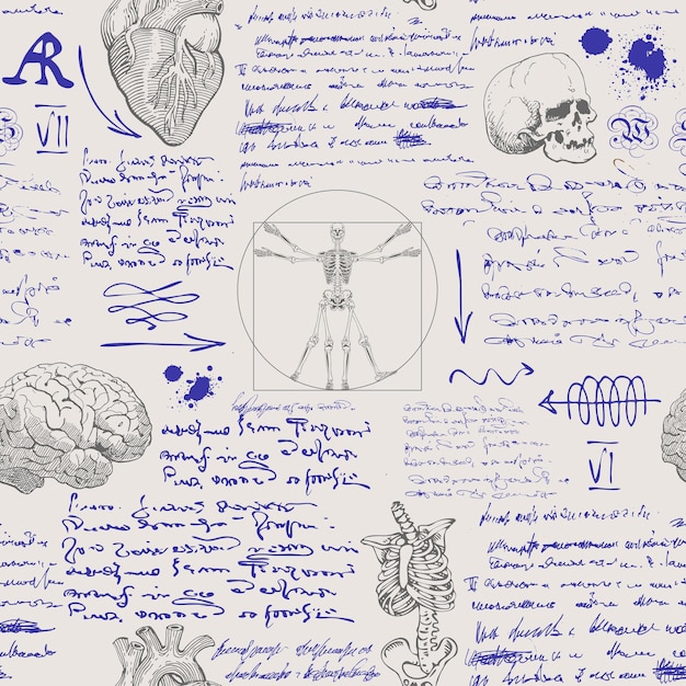 seamless textural background in the style of notes from the diary of a scientist anatomist