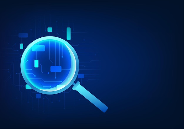 search technology a magnifying glass that looks at the technology circuit board it refers to finding