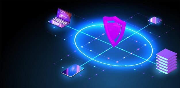 Security Data Protection concept on blue laptop. Isometric digital protection mechanism, system privacy.  Cyber security and information or network protection. Future technology web services.
