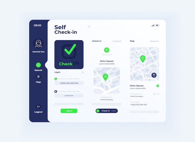 Self check in tablet interface template. Mobile app page light mode design layout. User account menu screen. Flat UI for application. Maps with locations marks on portable device display