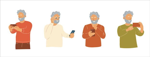 Senior Man Using Smartphone Vector Set