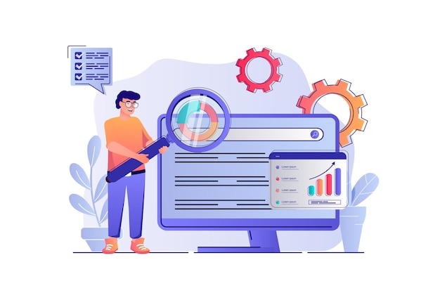 SEO analysis concept with people scene Man settings site for search engines analyzes statistics of web page improvement and optimization Vector illustration with characters in flat design for web
