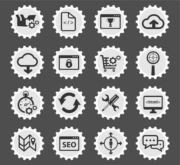 seo and development icons on stylized round postage stamps