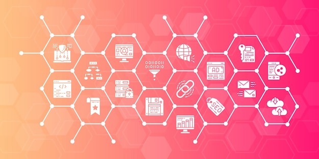 SEO business icons banner concept Bookmark Hosting Hyperlink Data banner infographic landing page