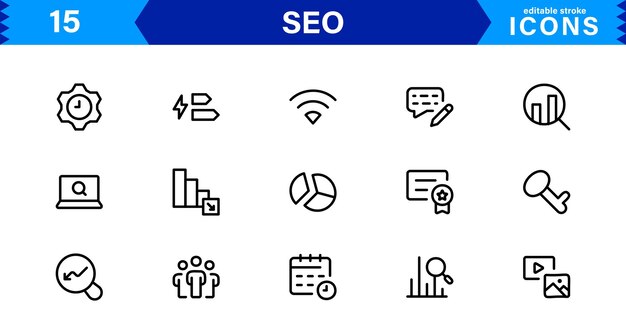 SEO Icon Set Featuring Search Engine Optimization Keywords Analytics Ranking and Traffic Concepts in a Clean Professional Vector Style