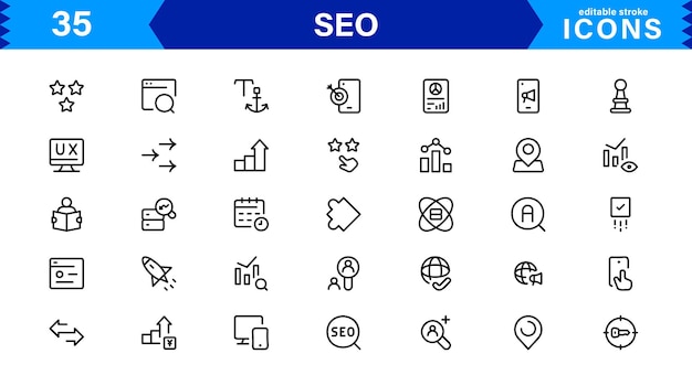 SEO Icon Set Featuring Search Engine Optimization Keywords Analytics Ranking and Traffic Concepts in a Clean Professional Vector Style