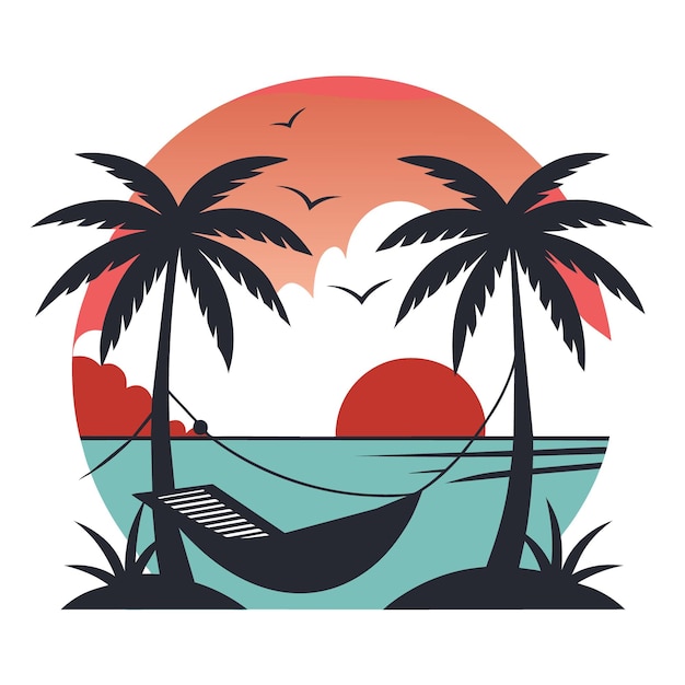 serene beach scene with a hammock between two palm trees a setting sun and gentle waves