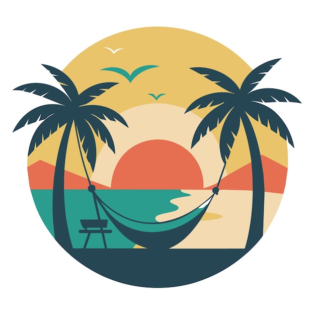 serene beach scene with a hammock between two palm trees a setting sun and gentle waves