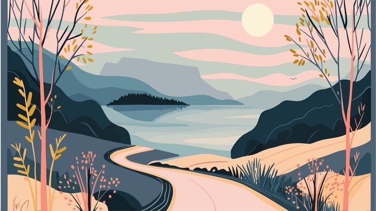 Vektor serene spring landscape featuring road leading to lake