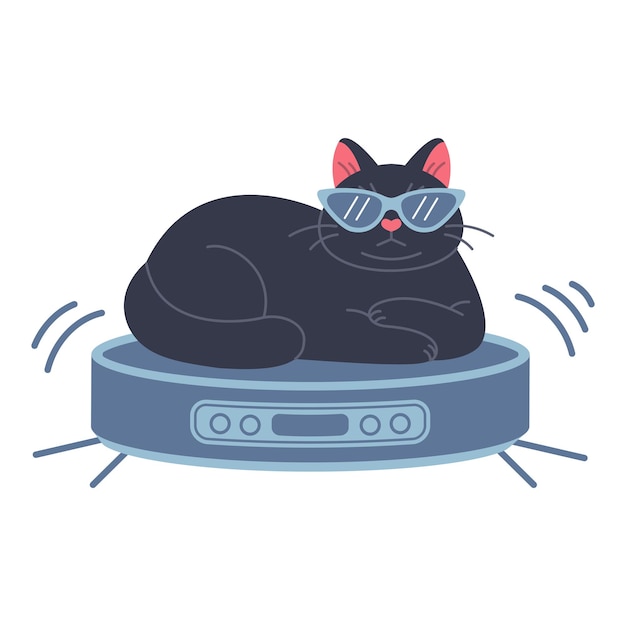 serious cat lying on robot vacuum cleaner hand drawn vector illustration