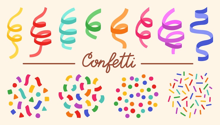 Vektor serpentine carnival ribbons and confetti set vector. colorful paper streamers isolated for gift
