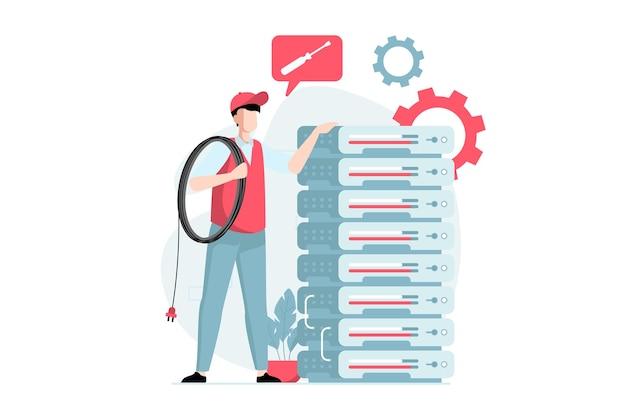 server maintenance concept with people scene in flat design man engineer working making repair and fixing problems hardware at server racks room vector illustration with character situation for web
