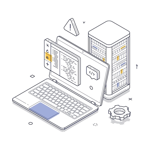 Server maintenance is illustrated in isometric line art style with laptop and server configuration