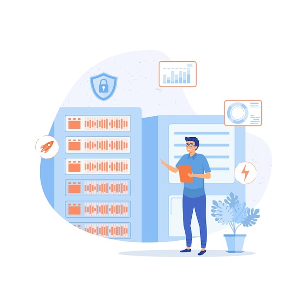 Server maintenance with monitoring tools flat vector modern illustration