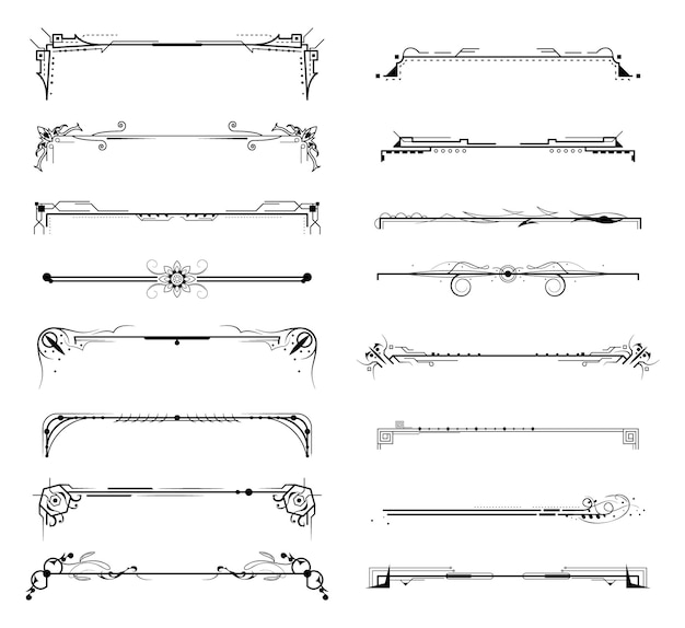 Set Black Simple Line Collection Doodle Border Elements Vector Design Style Sketch Isolated