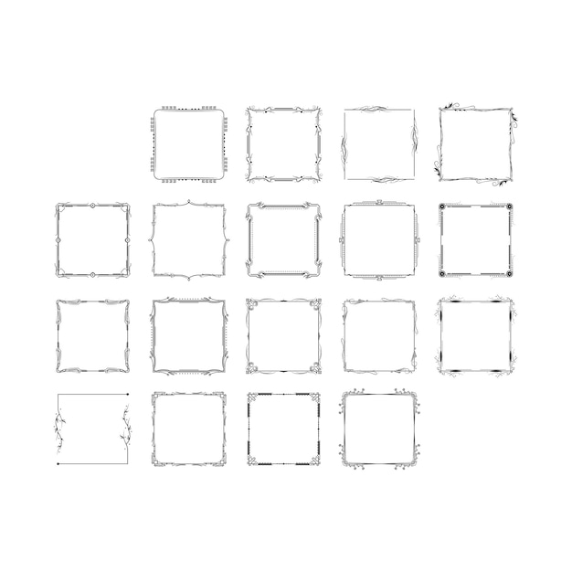 set black simple line frame collection doodle square floral frame elements vector design style