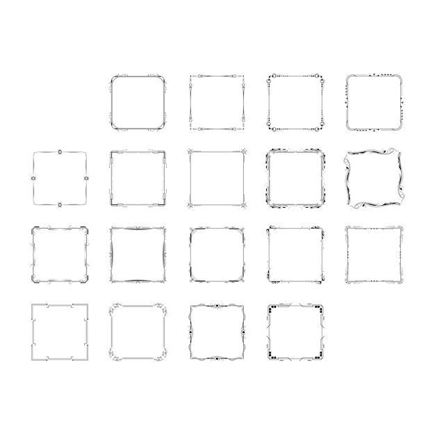 set black simple line frame collection doodle square floral frame elements vector design style