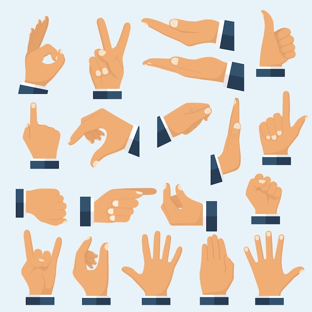 Set hands in different gestures Collection emotions signs Gestures arm stop palm thumbs up finger