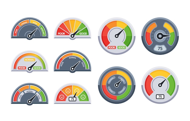 set indicator of trust good normal or bad brand reputation client credibility gauge isolated on white background