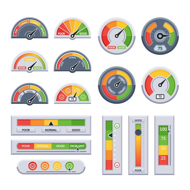 set indicator of trust indication meter collection brand reputation client credibility measurement isolated gauge