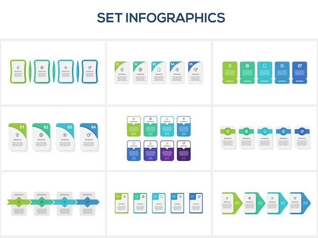 Set infographic with 4 5 8 steps options parts or processes Business data visualization