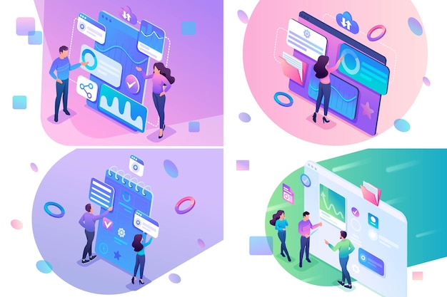 Set isometric people collect and analyze data make business plans For website