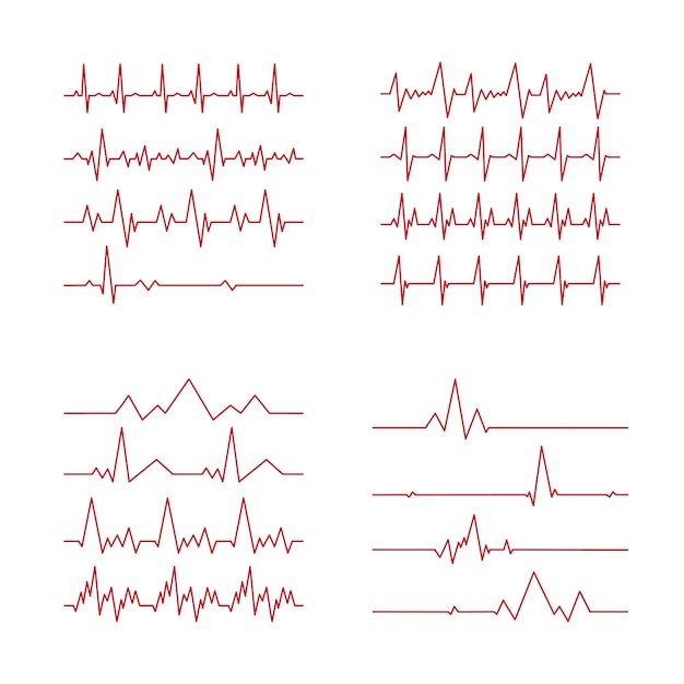 Set of 16 pcs heart pulse curved red line on white background Vector